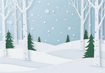 Merry christmas,Snow forest. pines in winter and mountain Paper vector Illustration a winter landscape with white birch trees, snow-covered hills, trees with falling snowflakes a light blue background