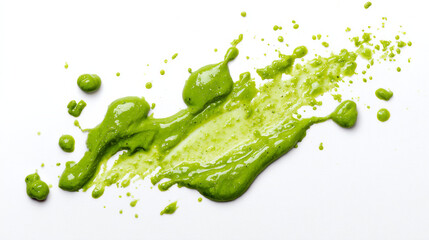 Wasabi stains and green sauce splashes viewed from above on a white background. 