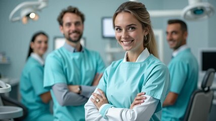Confident dental team smiles, showcasing teamwork in clinic. Dental team includes professionals in uniform for oral hygiene. Modern dental team is perfect for advertising healthcare services,