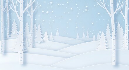 Merry christmas,Snow forest. pines in winter and mountain Paper vector Illustration a winter landscape with white birch trees, snow-covered hills, trees with falling snowflakes a light blue background