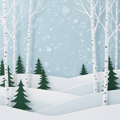 Merry christmas,Snow forest. pines in winter and mountain Paper vector Illustration a winter landscape with white birch trees, snow-covered hills, trees with falling snowflakes a light blue background