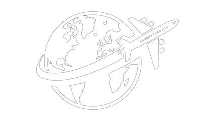 Airplane Flying Around World Globe Continuous Line Drawing Travel and Global Connection