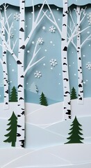Merry christmas,pines in winter and mountain Paper vector Illustration a winter landscape with white birch trees, snow-covered hills, trees with falling snowflakes a light blue background, Snow forest