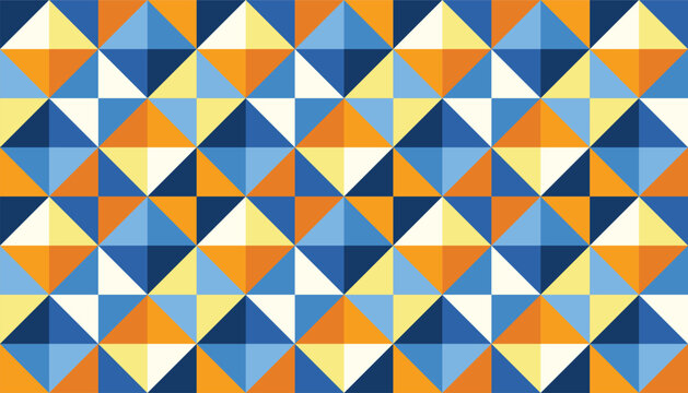 Vibrant geometric pattern composed of symmetrical triangles in warm and cool tones