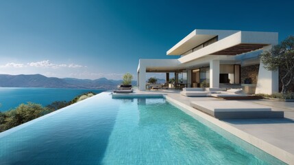 Fototapeta premium Elegant villa with a spacious terrace and inviting pool, offering breathtaking views of the ocean.
