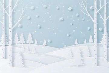 snow-covered hills, trees with falling snowflakes a light blue background, Snow forest. Merry christmas pines in winter and mountain Paper vector Illustration a winter landscape with white birch trees