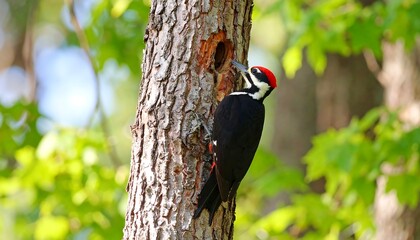Pileated woodpecker at its nest hole in a tree