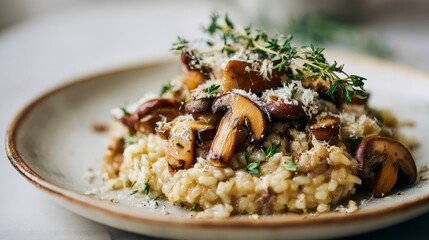 Delicious wild mushroom risotto on a ceramic plate, shot from 45 degrees, garnished with thyme and parmesan