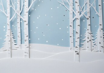 trees with falling snowflakes a light blue background, Snow forest. Merry christmas pines in winter and mountain Paper vector Illustration a winter landscape with white birch trees, snow-covered hills