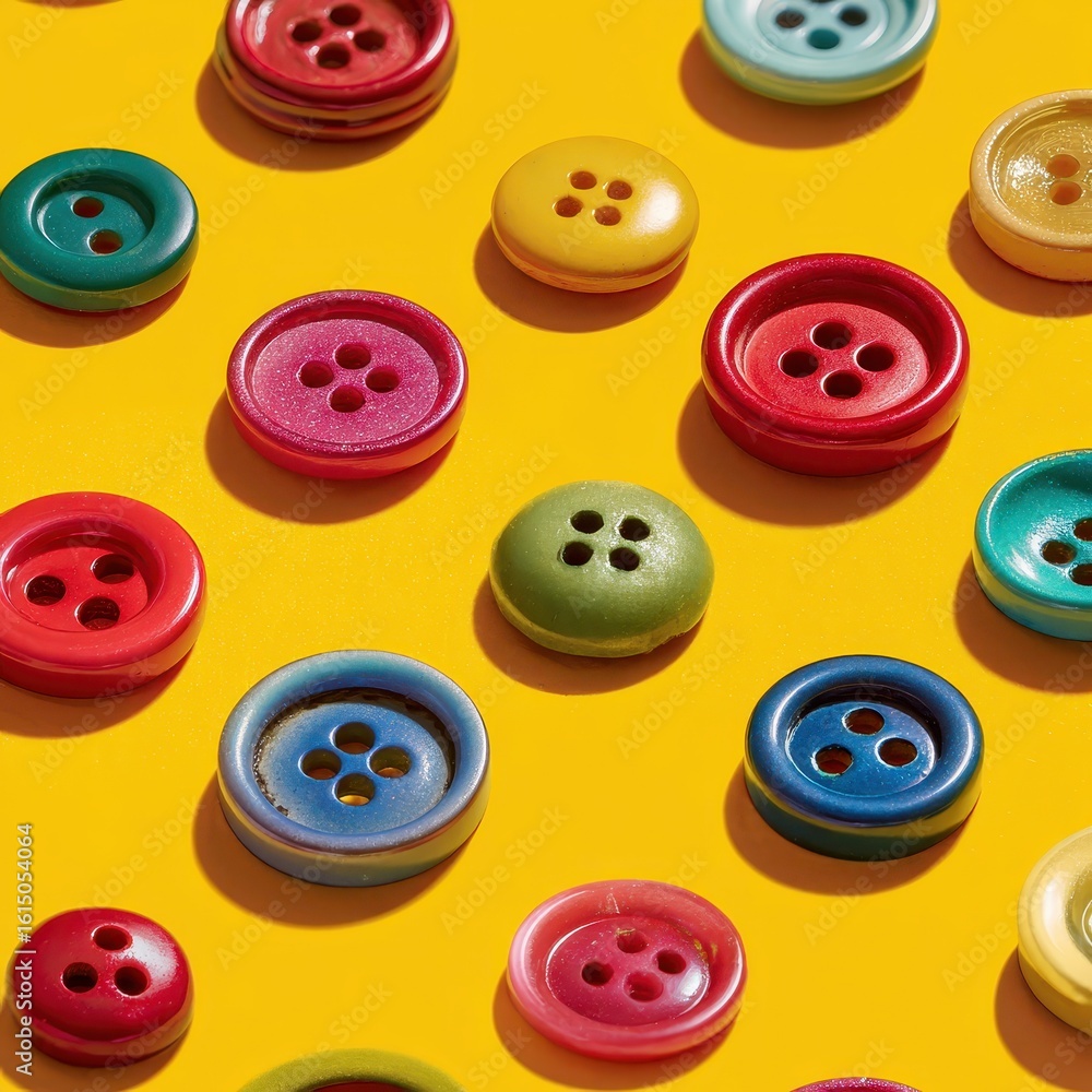 Poster an array of colorful, four-hole buttons scattered across a bright, solid yellow backdrop