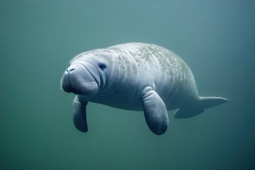 Naklejka premium Tranquil manatee floating against plain background