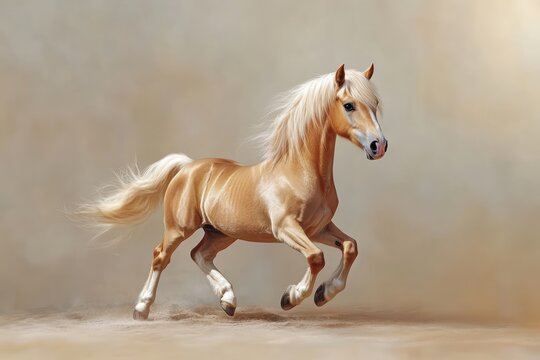 Tiny falabella horse trotting on solid background
