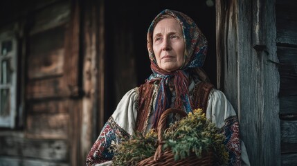 Naklejka premium Elderly woman from the Carpathian Mountains in traditional embroidered blouse and headscarf, holding a basket
