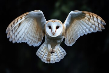 Barn owl mid-flight isolated on plain background