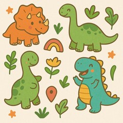 Fototapeta premium Adorable hand drawn dinosaur pattern with prehistoric plants. Ideal for children's apparel, nursery decor, and playful designs