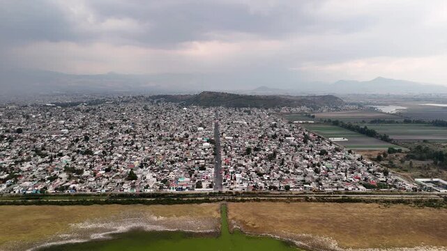 aerial shot of chalco city and lakes near mexico city