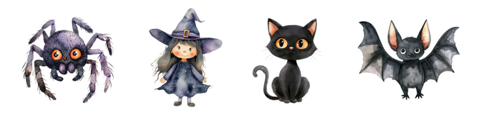 set of different spook halloween figurs in watercolor style: spider, witch, black cat, bat, isolated on white or transparent png
