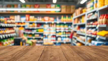 Fototapeta premium Grocery store interior with wooden table foreground, blurred colorful food shelves, consumer goods and packaged daily products