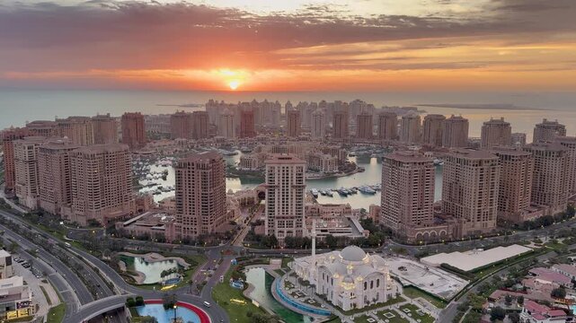 Doha, Qatar - February 10, 2025: Sunrise Aerial view of the Pearl-Qatar island in Doha, Qatar.
