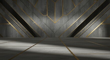 Empty modern showroom with brutalist concrete walls and gold Art Deco inlays, front view with dramatic lighting for product display.