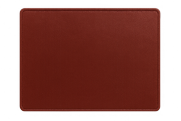 Rectangular red leather label featuring visible stitching, presenting textured surface detail against transparent background