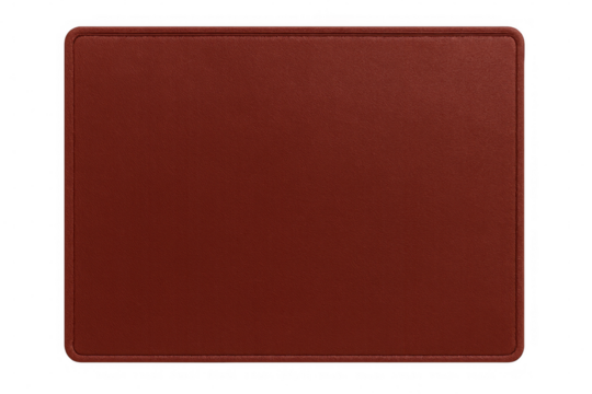 Rectangular red leather label featuring visible stitching, presenting textured surface detail against transparent background