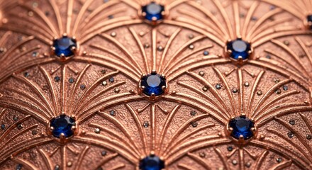 Luxury macro photograph of an intricate Art Deco pattern on textured rose gold metal, inset with blue sapphire gemstones