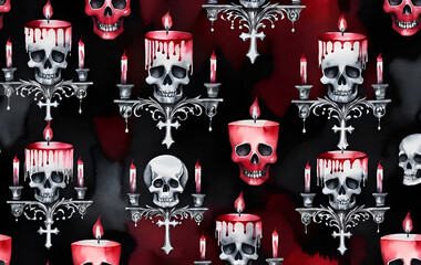 Haunted Requiem: Seamless Pattern of Skulls, Candlesticks, and Crosses for Spooky Design
