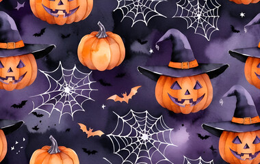 Eerie Night Delight: Seamless Watercolor Halloween Pattern with Jack-o'-Lanterns, Bats, and Spiderwebs