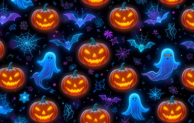 Neon Halloween Night: Glowing Jack-o'-Lanterns, Ghosts, and Bats on Dark Background
