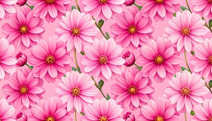 Pink daisy blossoms densely packed on a pale pink background, creating a floral repeat pattern