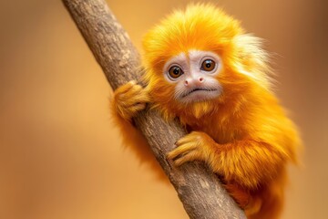 Fototapeta premium Golden lion tamarin climbing branch isolated
