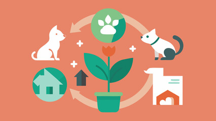 Flat illustration showing pet adoption and eco-friendly lifestyle with animals, home, and plant symbols