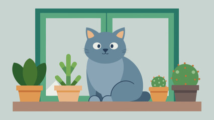 Gray cat sitting on a windowsill surrounded by potted cactus and succulent plants