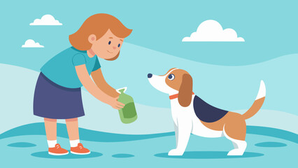 Girl giving water to a dog on a sunny day in a park or outdoor setting