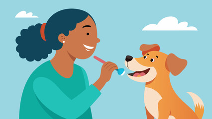 Woman brushing her dog's teeth with a toothbrush on a bright day outdoors