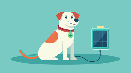 Dog sitting next to a connected solar panel with a medical tag on its collar