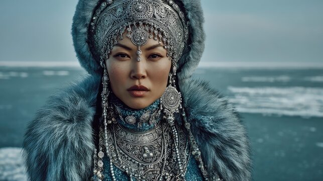 Yakut woman wearing ornate silver jewelry and embroidered fur-trimmed coat, icy blue palette, near a frozen lake