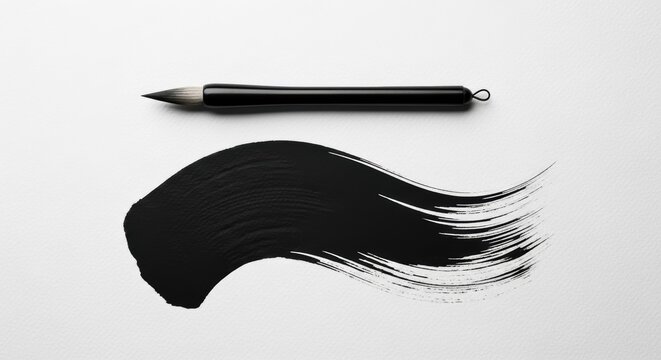 Black brush stroke and calligraphy brush on white background