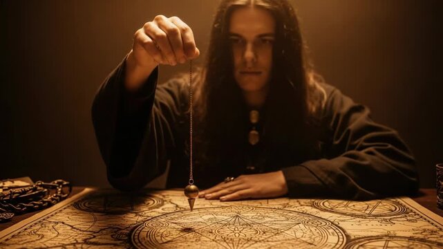Pendulum divination above ancient map, a tool for seeking answers. Using pendulum as divination tool, woman practices fortune telling for future insight, seeking knowledge and guidance.
