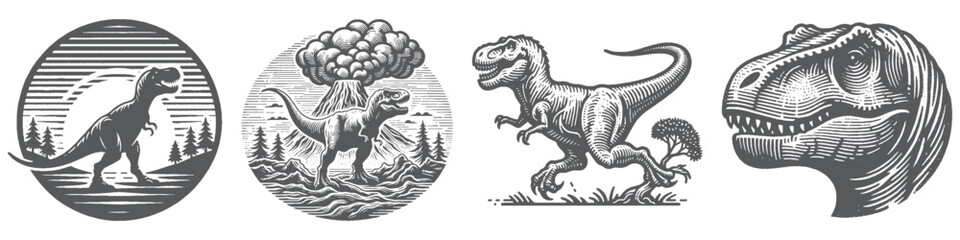 Obraz premium Vintage Hand-Drawn T-Rex Collection Illustration, Prehistoric Animal Engraved Style Vector for T-Shirts and Dinosaur Themes Design