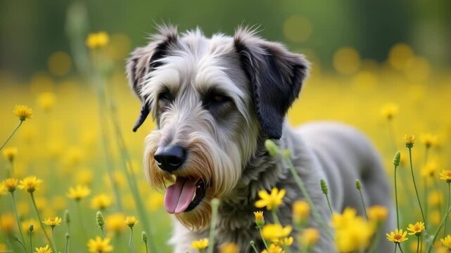 Schnauzer dog in field of flowers, playful schnauzer dog enjoying springtime in a meadow filled with wildflowers, exhibiting joyful energy and natural beauty.