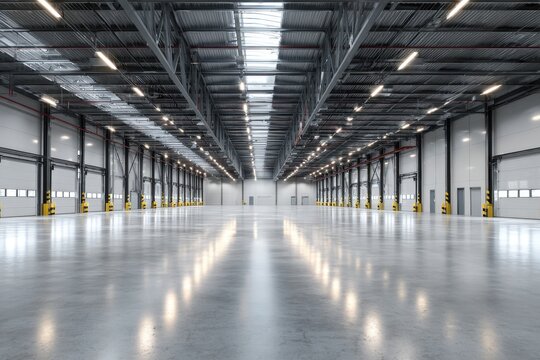 Bright, expansive warehouse interior with polished concrete floor and steel supports