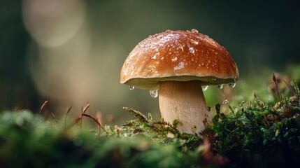Fototapeta premium Macro photo of a fresh porcini mushroom emerging from moss, dewdrops on cap, morning forest light