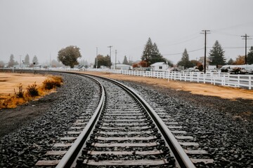 Fototapeta premium A railway track curves into a hazy, rural landscape