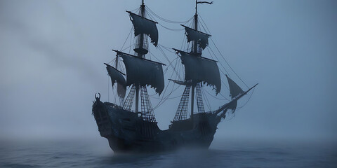 Silhouetted Sailing Ship with Billowing Sails in a Foggy, Mysterious Sea

