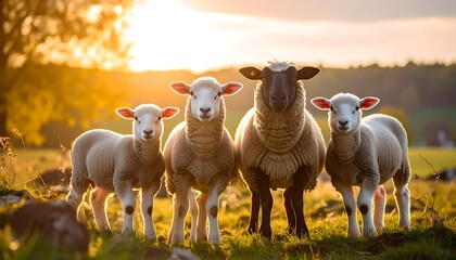 Fototapeta premium Four sheep in a field at sunset