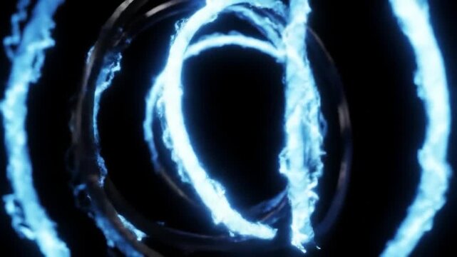 Abstract swirling rings of bright blue light against a black background