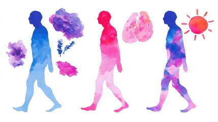 Vibrant Watercolor Human Silhouettes with Abstract Color Splashes and Sun Symbols for Artistic Wellness Themes