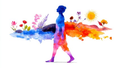 Obraz premium Vibrant Watercolor Silhouettes, Artistic human figures in blue and red gradients, adorned with abstract splashes and sun symbols, embodying a theme of wellness on a white backdrop